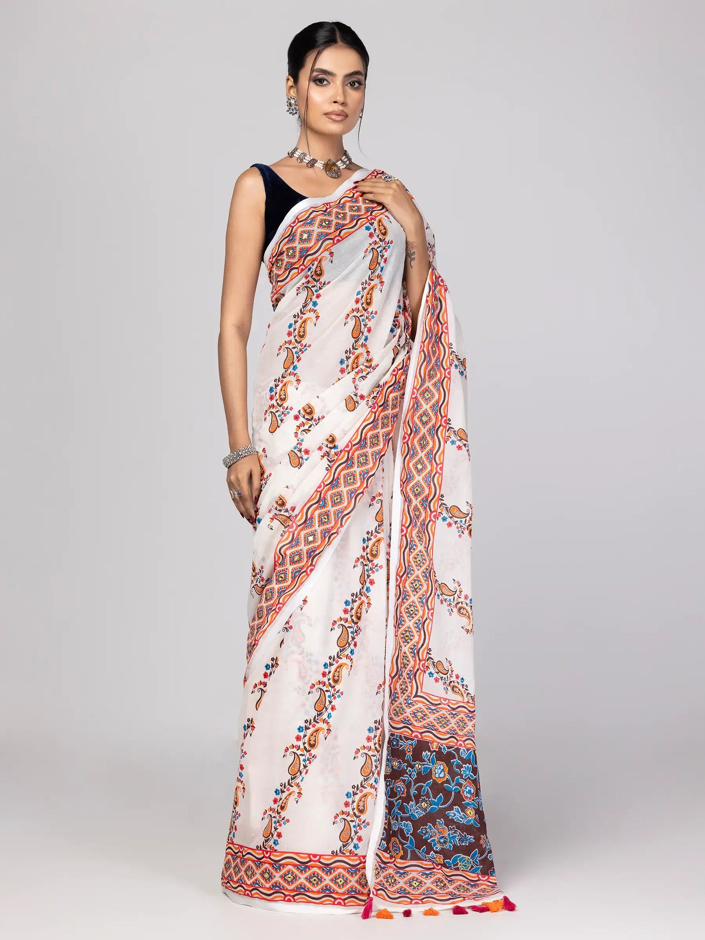 Off White Printed and Embroidered Cotton Saree