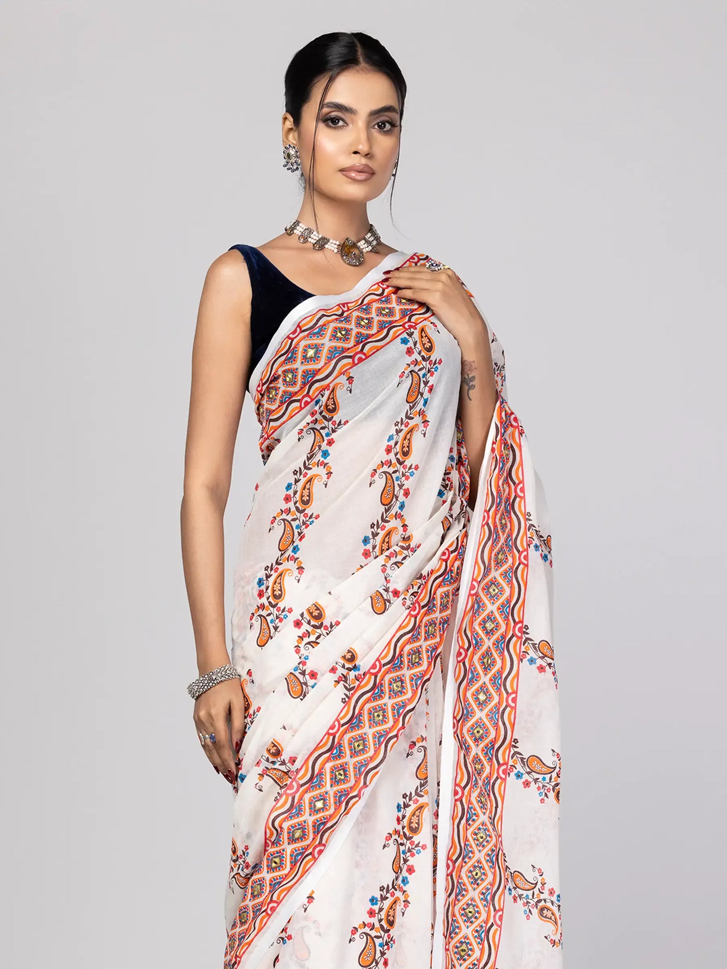 Off White Printed and Embroidered Cotton Saree