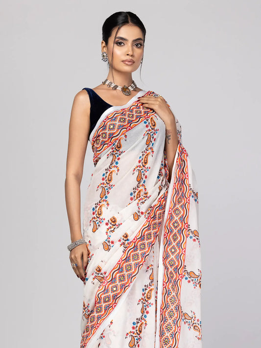 Off White Printed and Embroidered Cotton Saree